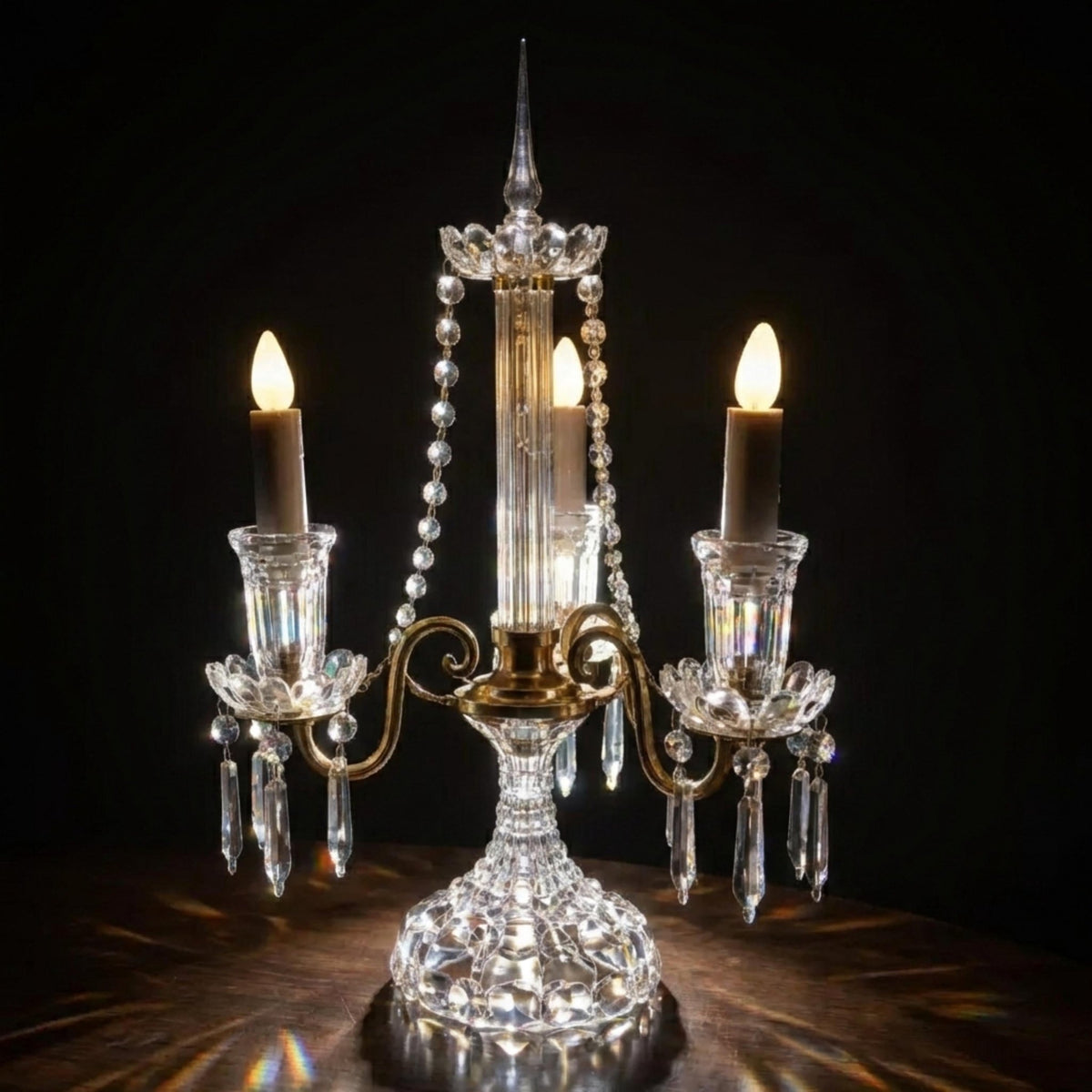 Girandole Crystal Candelabra Antique Hollywood Regency | Brass & Glass Atmospheric Lamp | Czechoslovakian Original Crystals - The Relic Detail