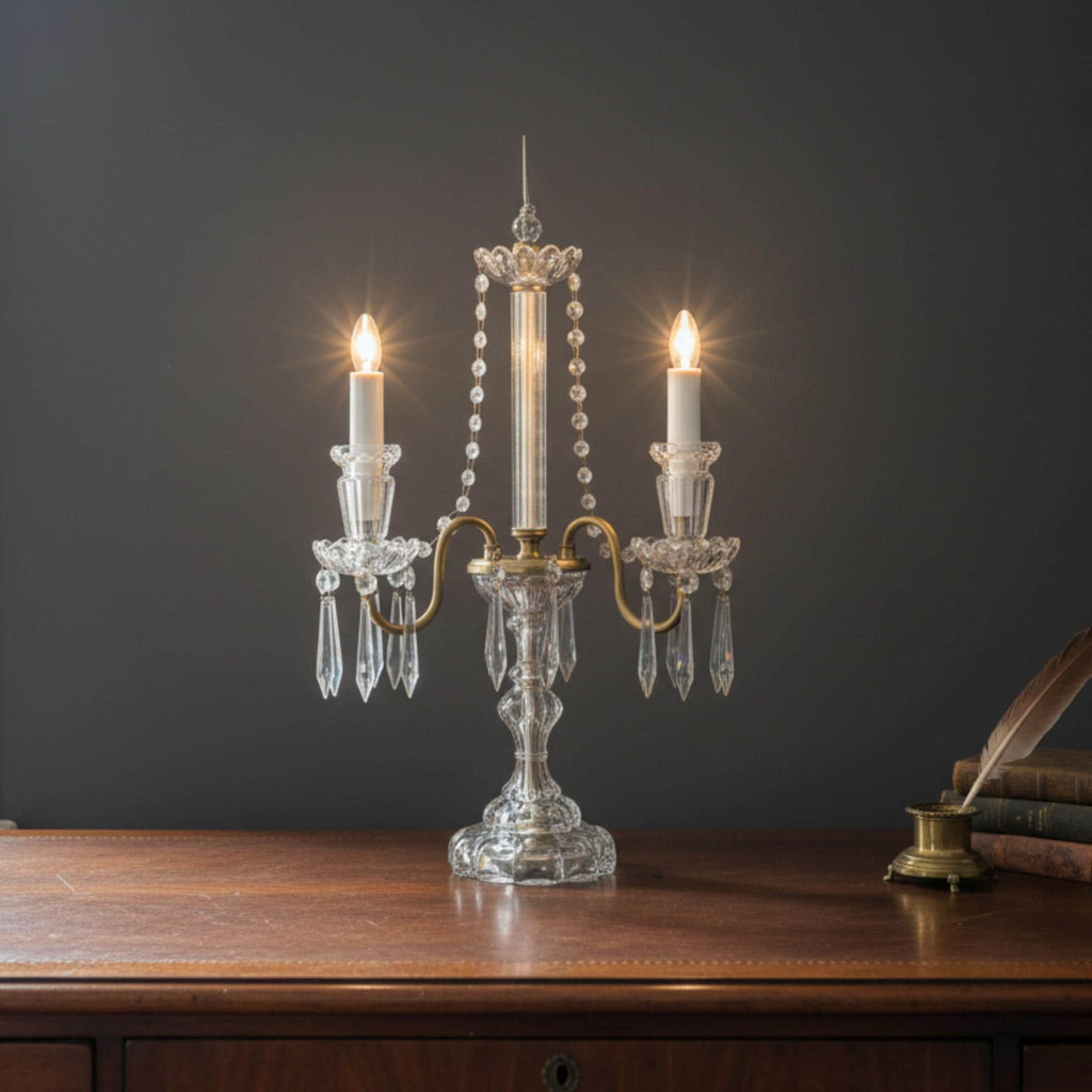 Girandole Crystal Candelabra Antique Hollywood Regency | Brass & Glass Atmospheric Lamp | Czechoslovakian Original Crystals - The Relic Detail