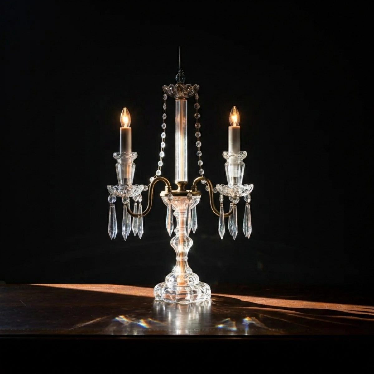Girandole Crystal Candelabra Antique Hollywood Regency | Brass & Glass Atmospheric Lamp | Czechoslovakian Original Crystals - The Relic Detail