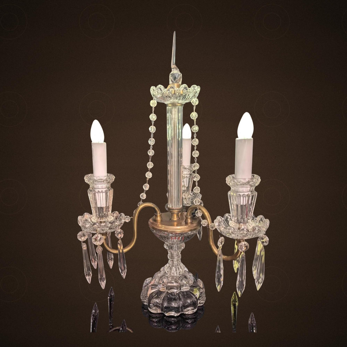 Girandole Crystal Candelabra Antique Hollywood Regency | Brass & Glass Atmospheric Lamp | Czechoslovakian Original Crystals - The Relic Detail