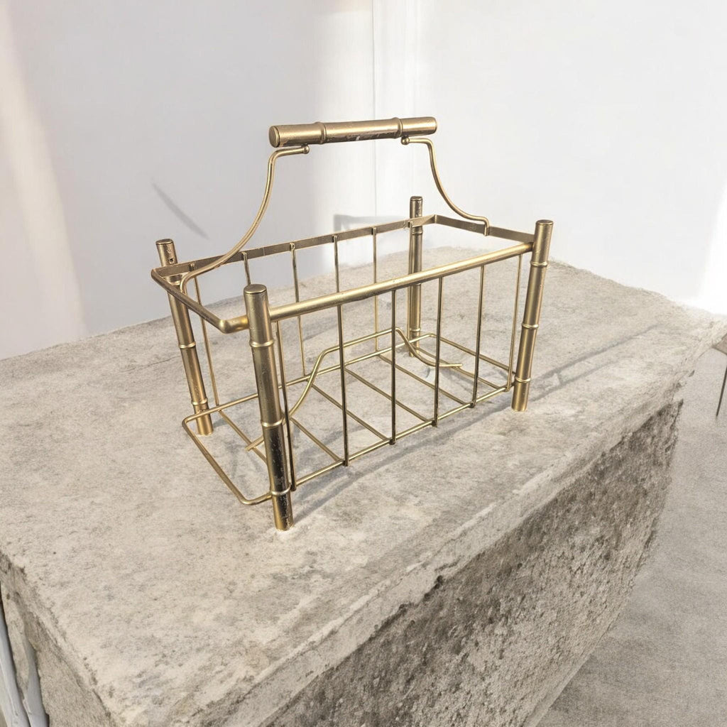 Gold Bamboo Magazine Holder Mid Century Modern Desk Organizer Storage Rack - The Relic Detail