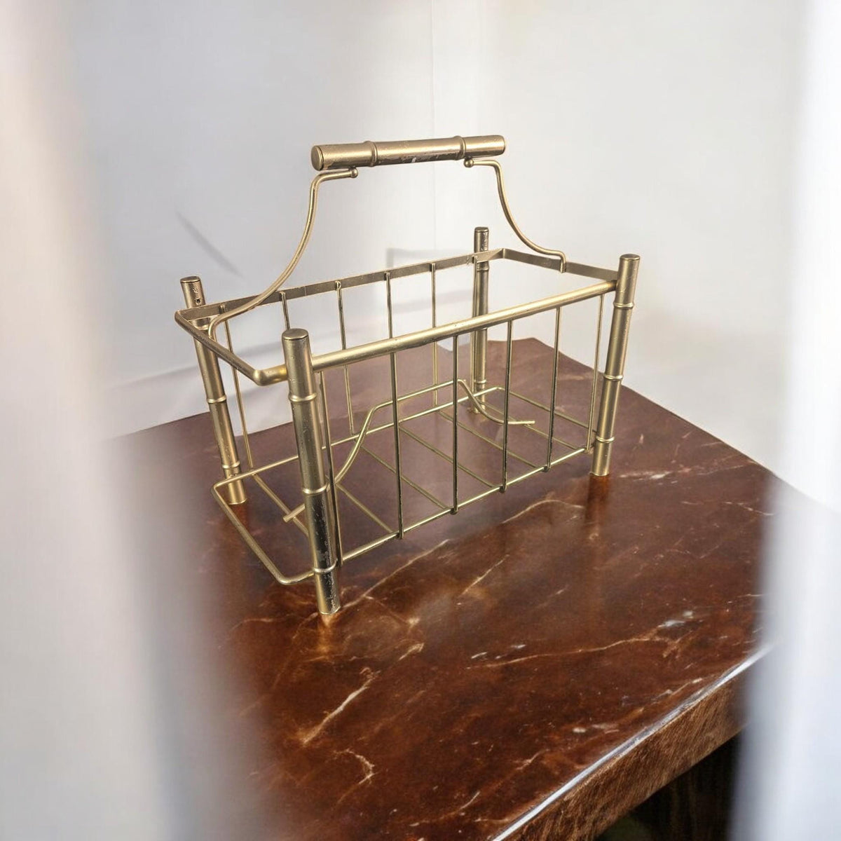 Gold Bamboo Magazine Holder Mid Century Modern Desk Organizer Storage Rack - The Relic Detail