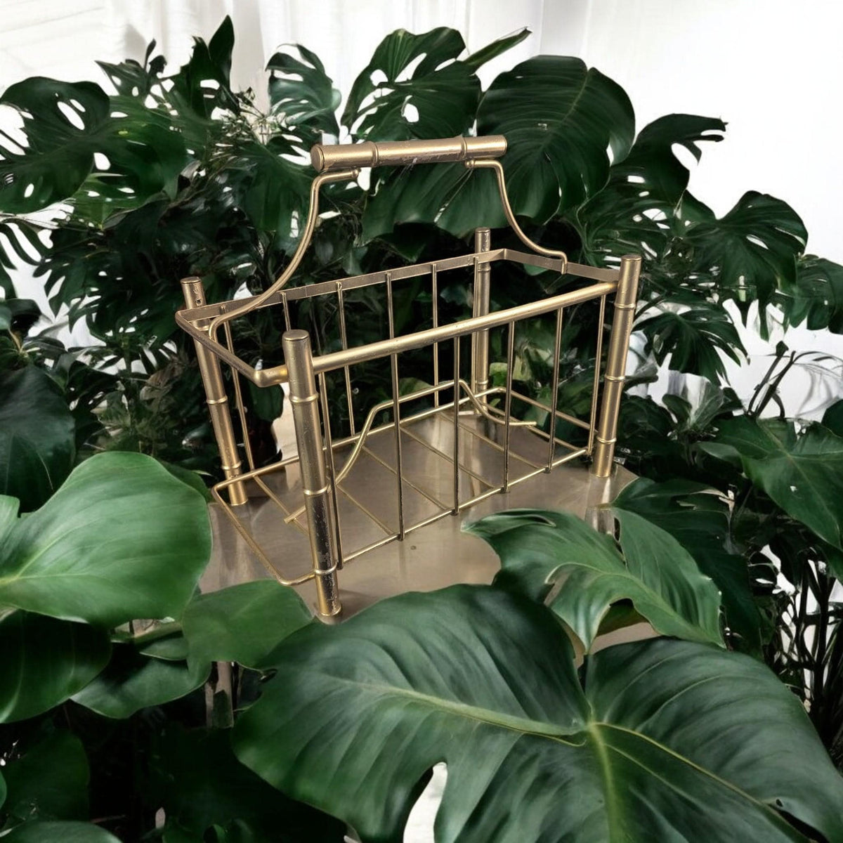 Gold Bamboo Magazine Holder Mid Century Modern Desk Organizer Storage Rack - The Relic Detail