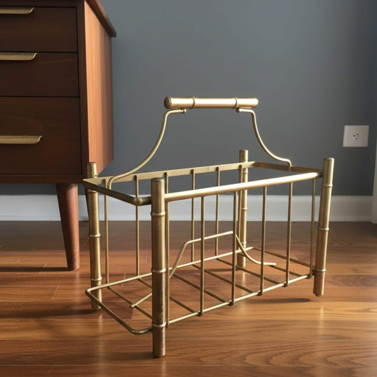 Gold Bamboo Magazine Holder Mid Century Modern Desk Organizer Storage Rack - The Relic Detail