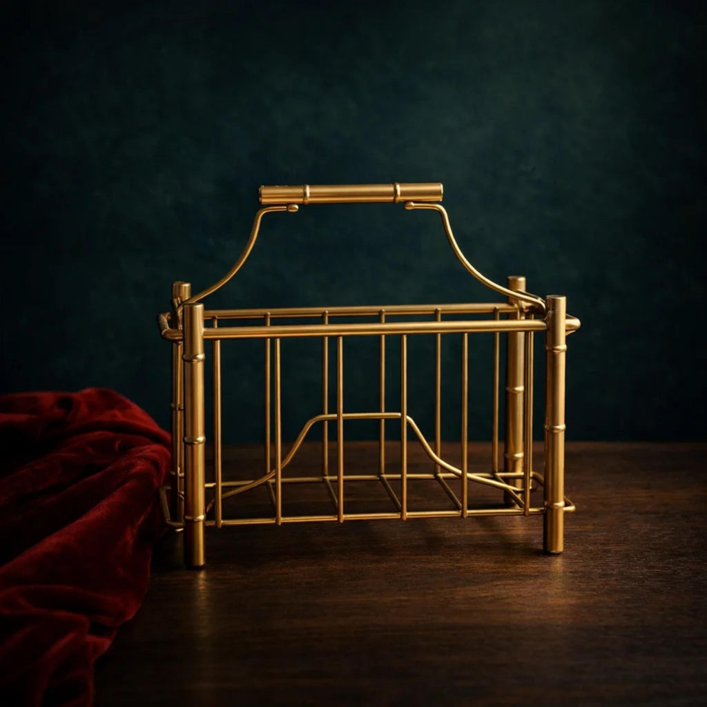 Gold Bamboo Magazine Holder Mid Century Modern Desk Organizer Storage Rack - The Relic Detail