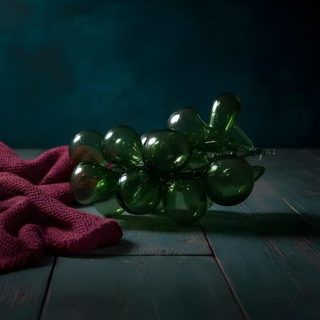 Green Blown Glass Grape Cluster | Italian Handmade Art Fruit Centerpiece Decor - The Relic Detail
