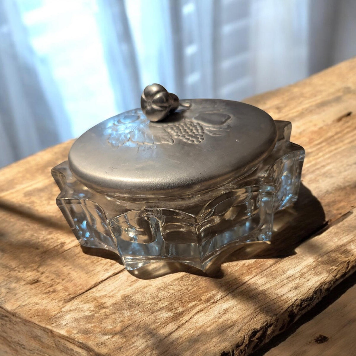 Hammered Aluminum and Glass Candy Dish 1940's by Rodney Kent - The Relic Detail