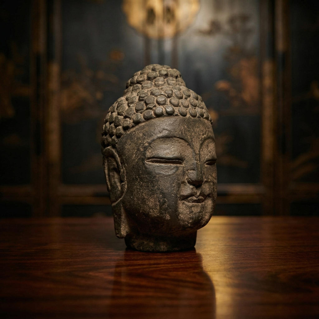 Hand-Carved Japandi Black Stone Antique Buddha Head Statue from Japan - Spiritual Meditation Decor - The Relic Detail