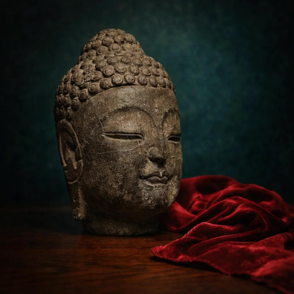 Hand-Carved Japandi Black Stone Antique Buddha Head Statue from Japan - Spiritual Meditation Decor - The Relic Detail