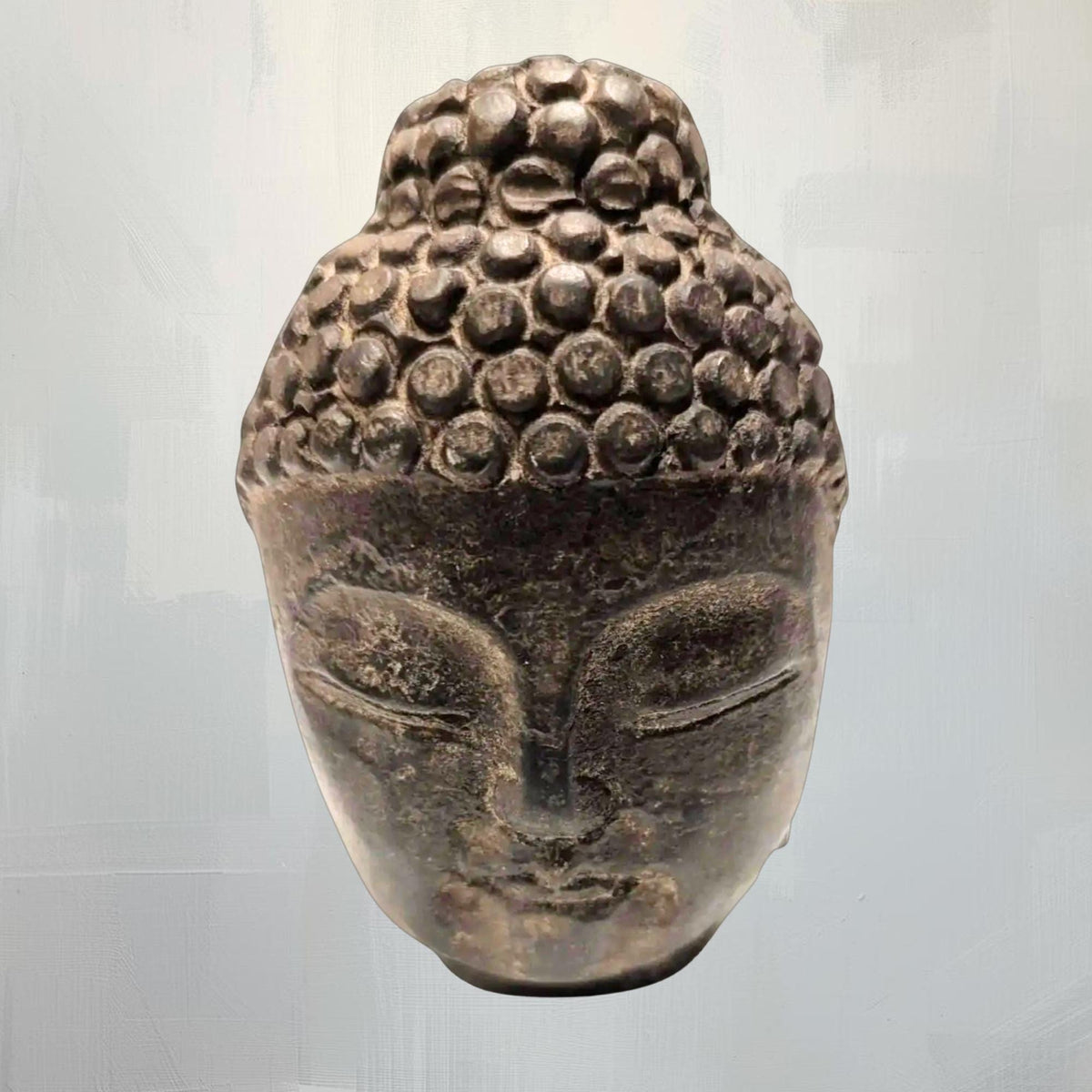 Hand-Carved Japandi Black Stone Antique Buddha Head Statue from Japan - Spiritual Meditation Decor - The Relic Detail