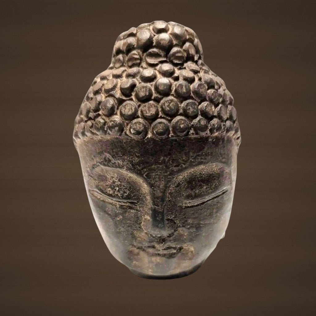 Hand-Carved Japandi Black Stone Antique Buddha Head Statue from Japan - Spiritual Meditation Decor - The Relic Detail