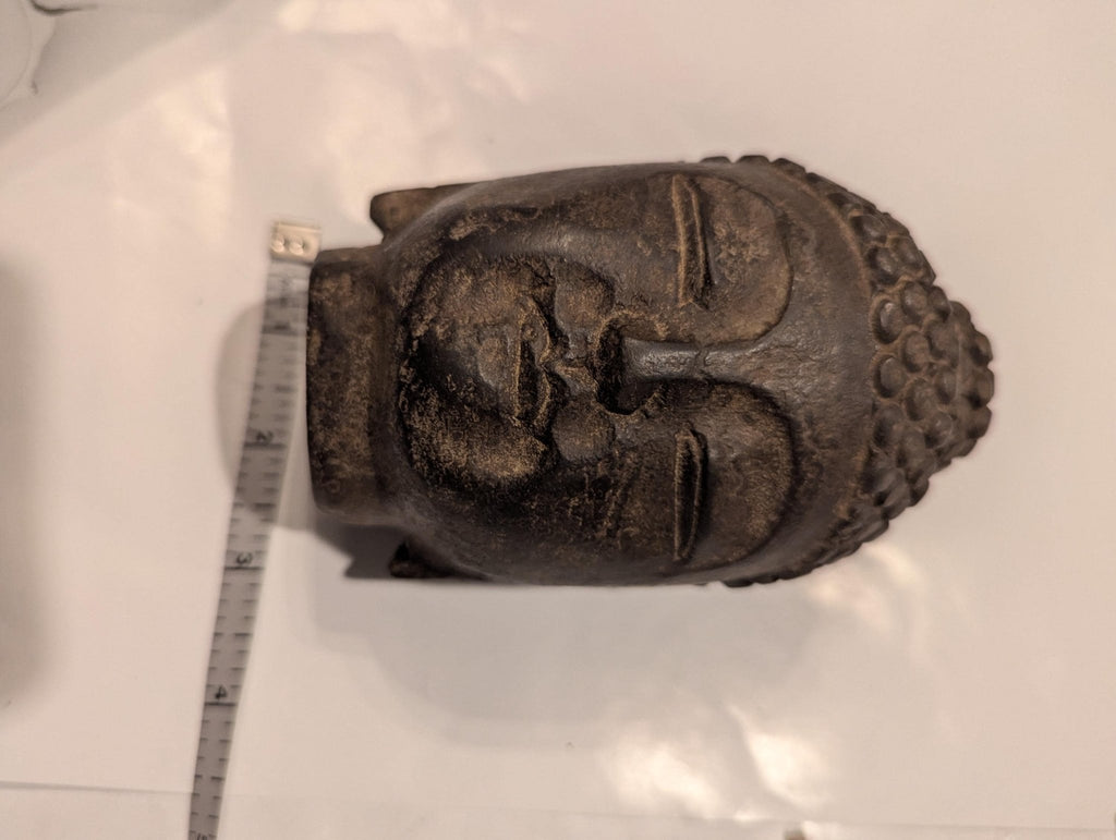 Hand-Carved Japandi Black Stone Antique Buddha Head Statue from Japan - Spiritual Meditation Decor - The Relic Detail