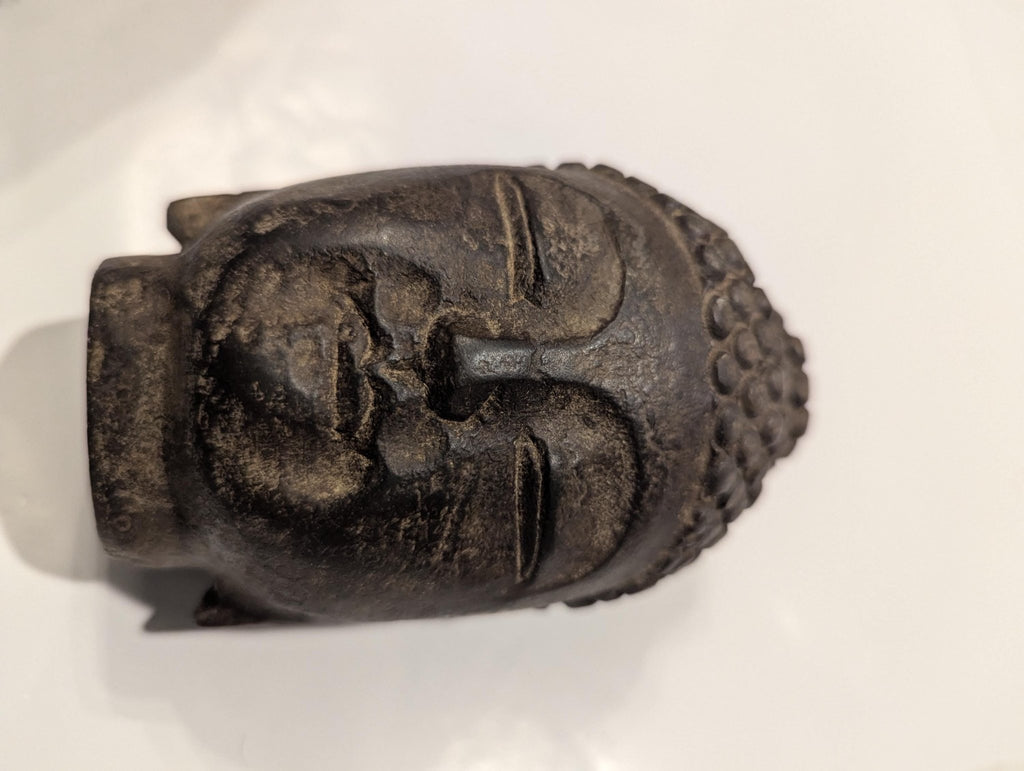 Hand-Carved Japandi Black Stone Antique Buddha Head Statue from Japan - Spiritual Meditation Decor - The Relic Detail