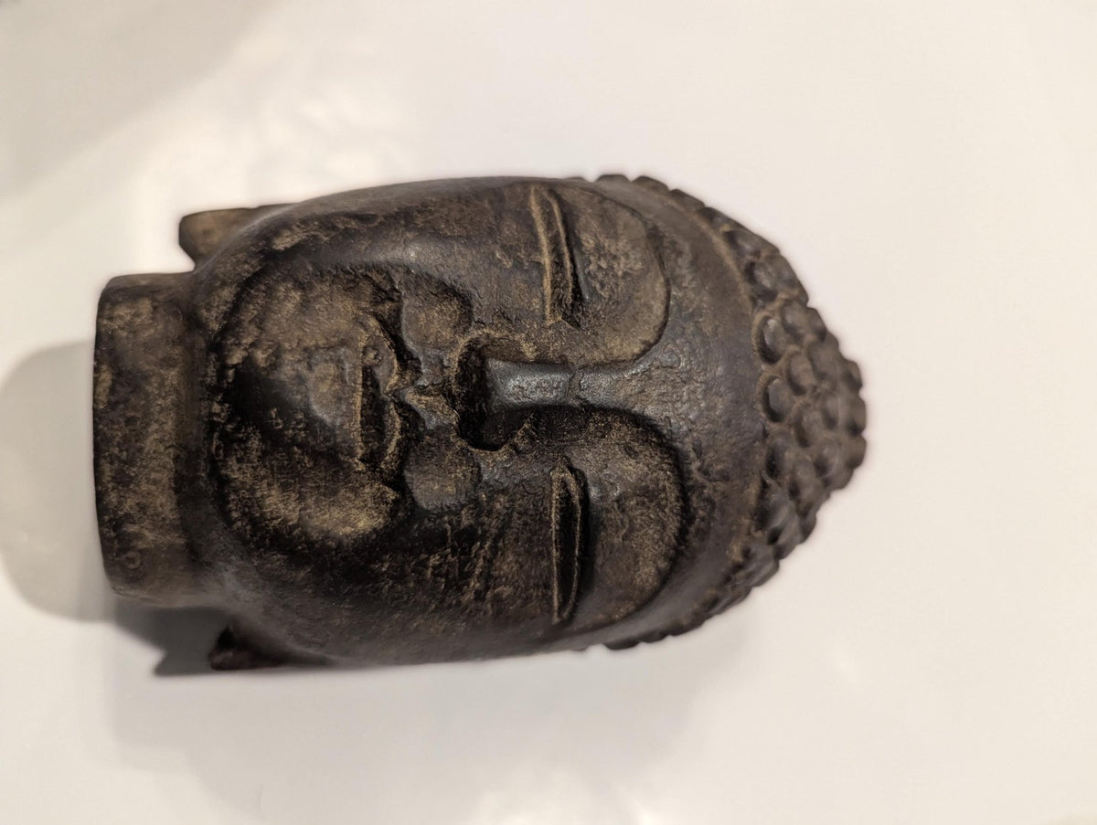 Hand-Carved Japandi Black Stone Antique Buddha Head Statue from Japan - Spiritual Meditation Decor - The Relic Detail