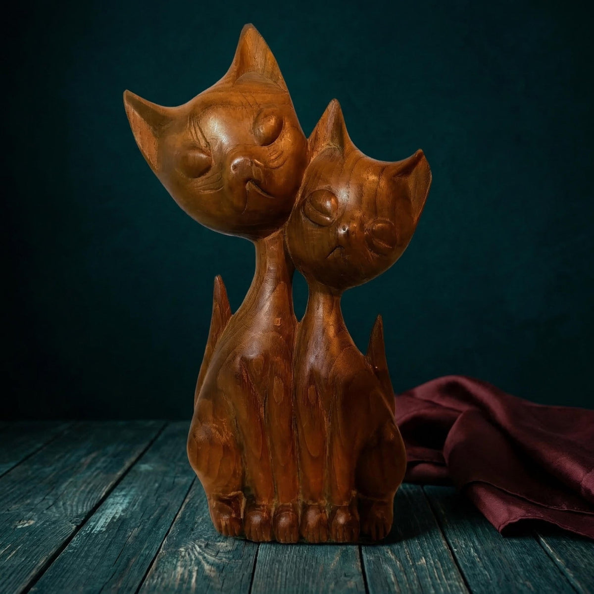 Hand-Carved Siamese Cat Figurines Vintage Mid-Century Modern Wood Collectible Feline Statue Pair MCM Decor - The Relic Detail