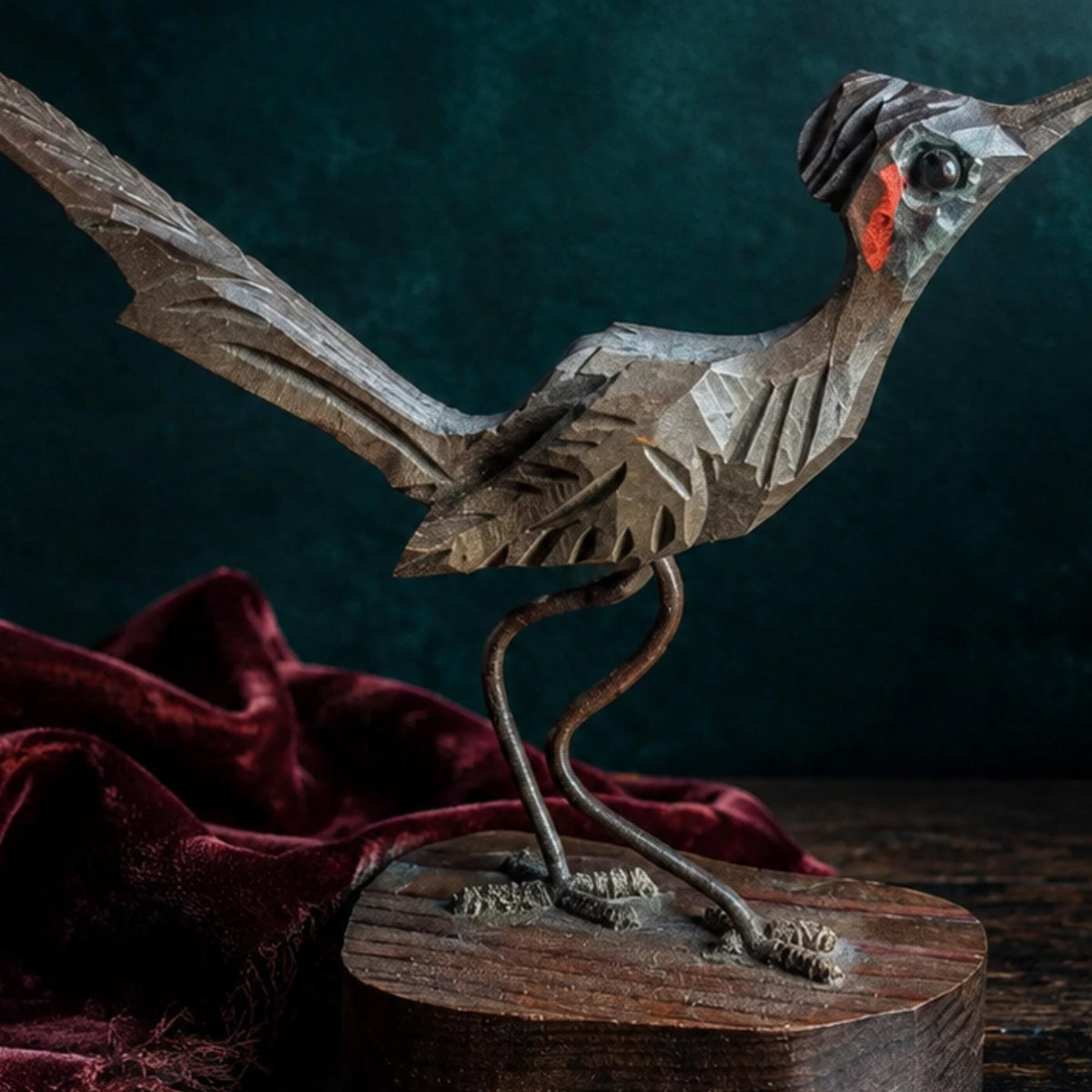 Hand Carved Wood Roadrunner Sculpture Mid Century Modern Southwestern Folk Art Bird - The Relic Detail