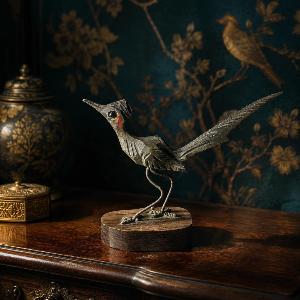 Hand Carved Wood Roadrunner Sculpture Mid Century Modern Southwestern Folk Art Bird - The Relic Detail
