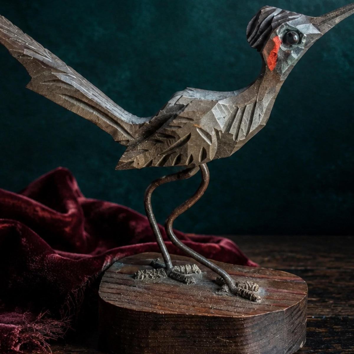 Hand Carved Wood Roadrunner Sculpture Mid Century Modern Southwestern Folk Art Bird - The Relic Detail