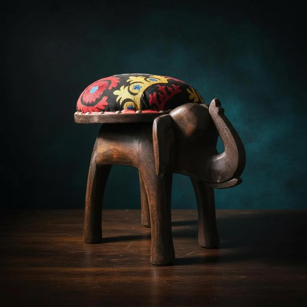 Hand-Carved Wooden Elephant Footstool: Colorful Boho Floral Upholstery - The Relic Detail