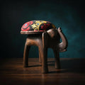Hand-Carved Wooden Elephant Footstool: Colorful Boho Floral Upholstery - The Relic Detail