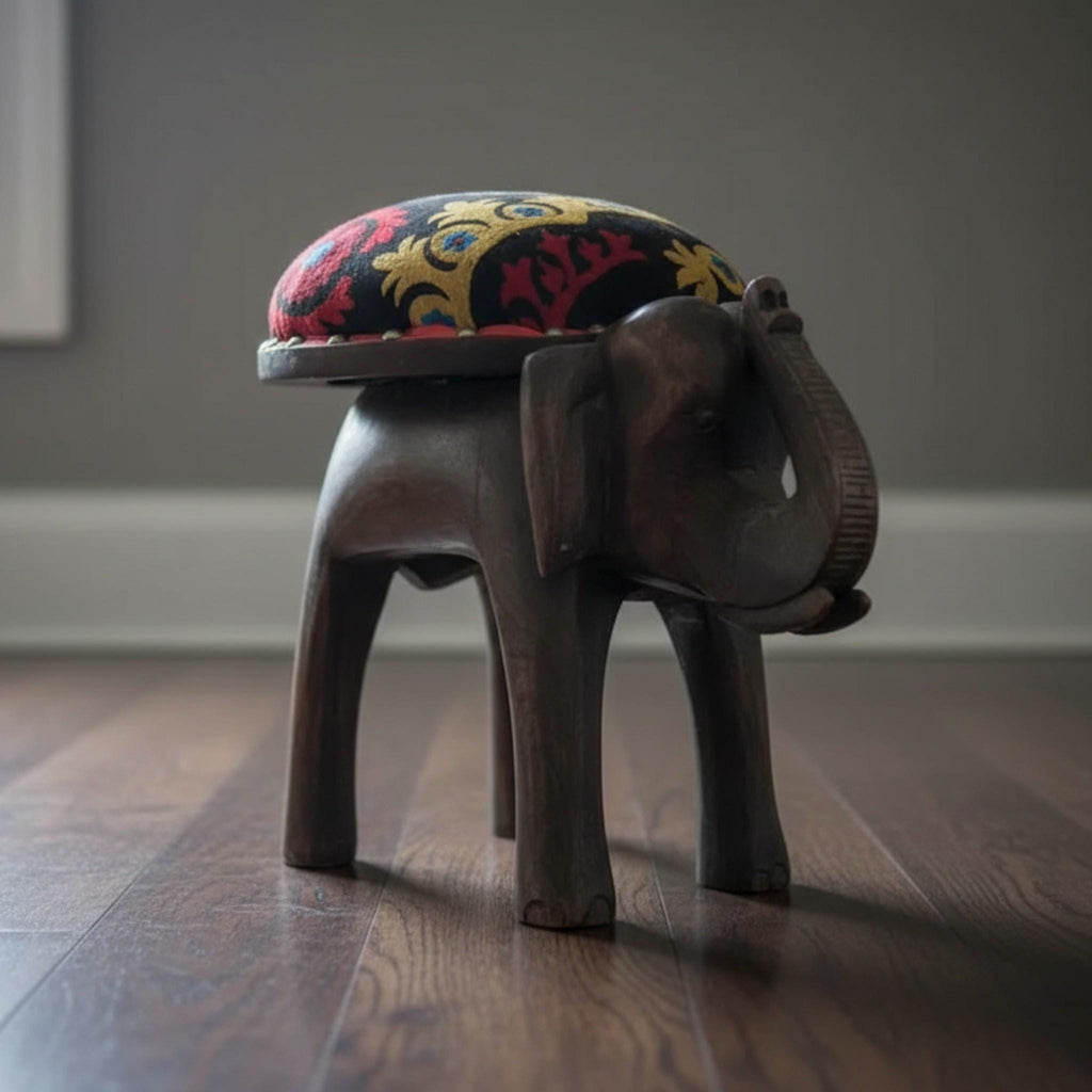 Hand-Carved Wooden Elephant Footstool: Colorful Boho Floral Upholstery - The Relic Detail
