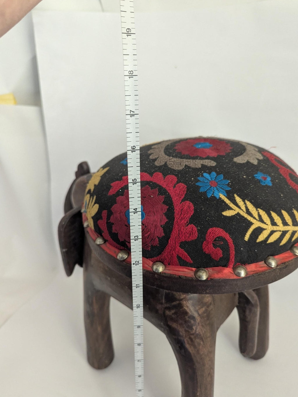 Hand-Carved Wooden Elephant Footstool: Colorful Boho Floral Upholstery - The Relic Detail