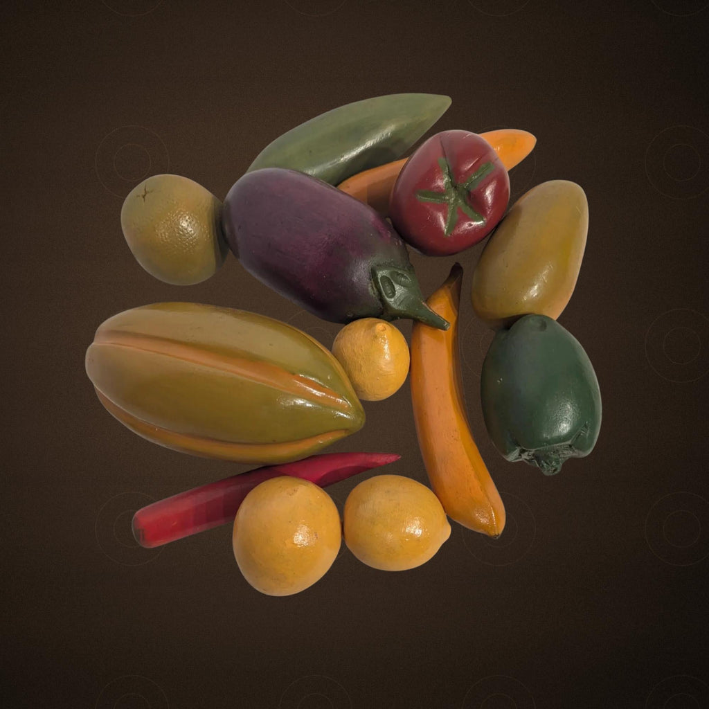 Hand-Carved Wooden Fruit Vegetable Set - Painted Natural Produce Centerpiece Decor - The Relic Detail