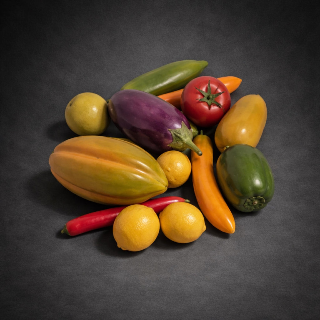 Hand-Carved Wooden Fruit Vegetable Set - Painted Natural Produce Centerpiece Decor - The Relic Detail