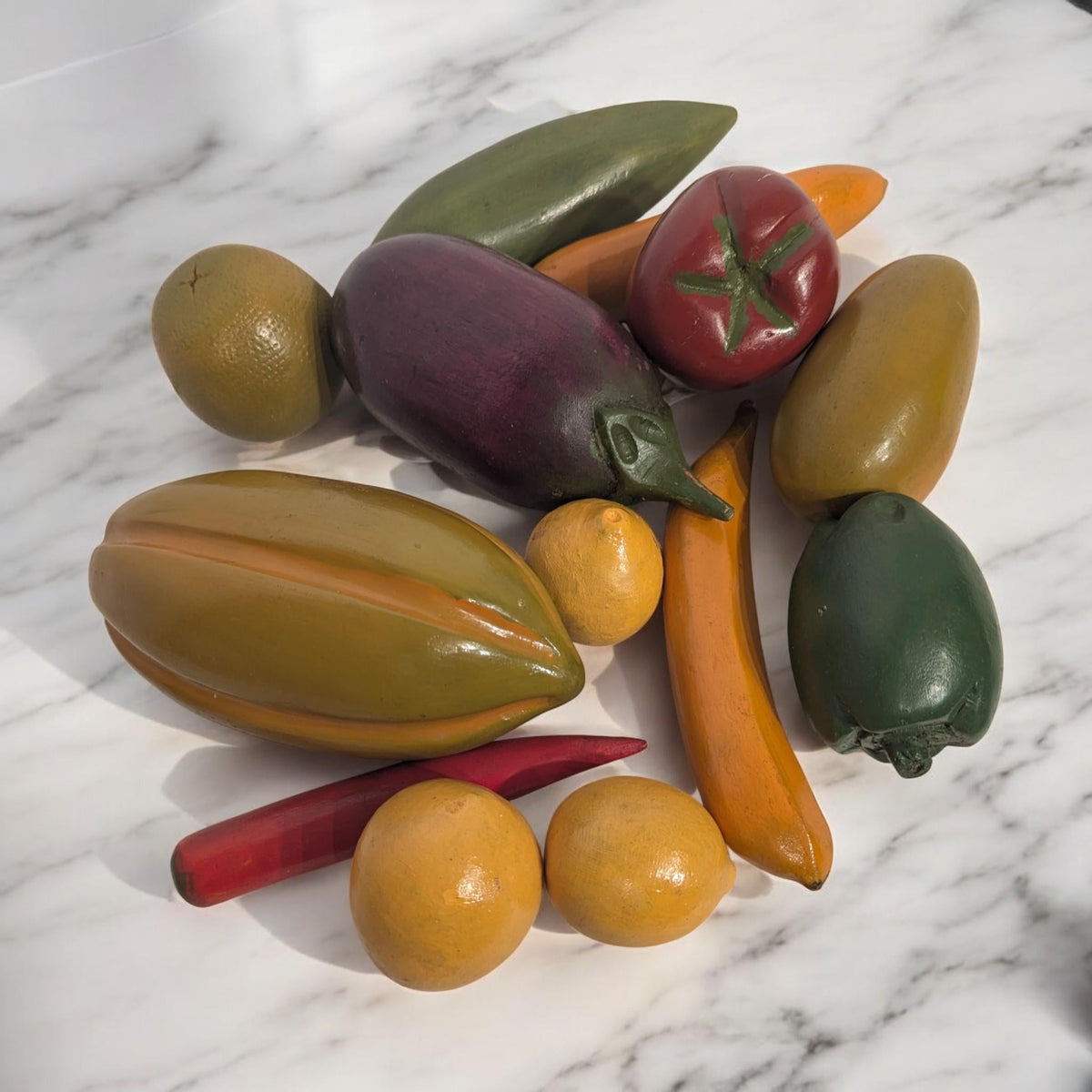 Hand-Carved Wooden Fruit Vegetable Set - Painted Natural Produce Centerpiece Decor - The Relic Detail