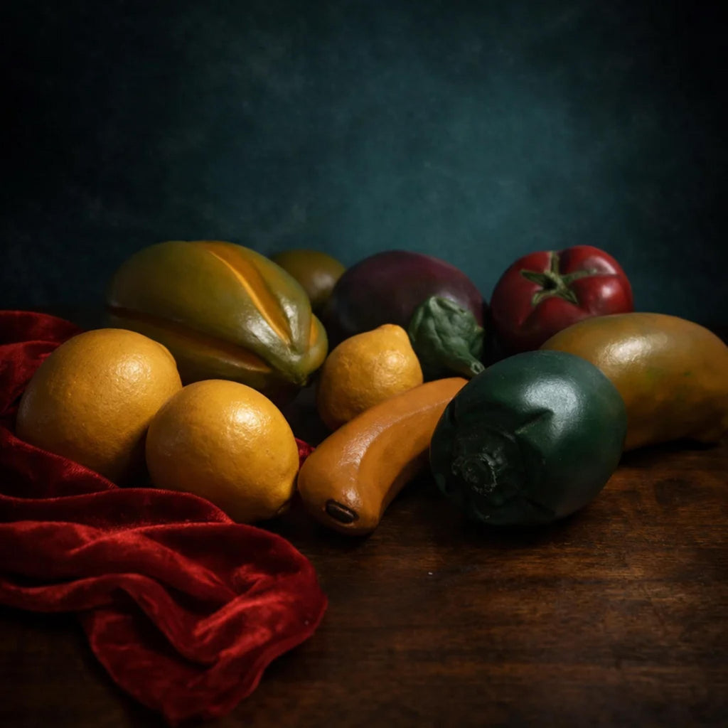 Hand-Carved Wooden Fruit Vegetable Set - Painted Natural Produce Centerpiece Decor - The Relic Detail