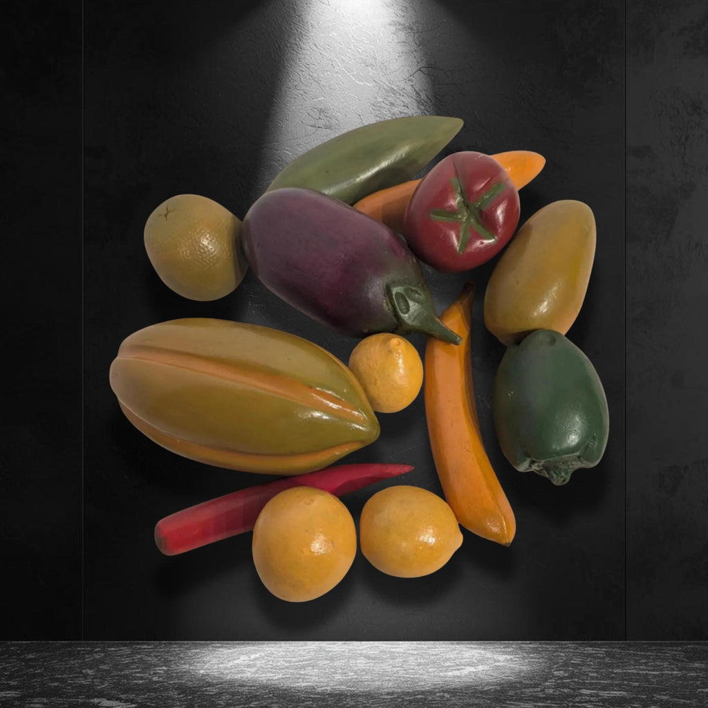 Hand-Carved Wooden Fruit Vegetable Set - Painted Natural Produce Centerpiece Decor - The Relic Detail
