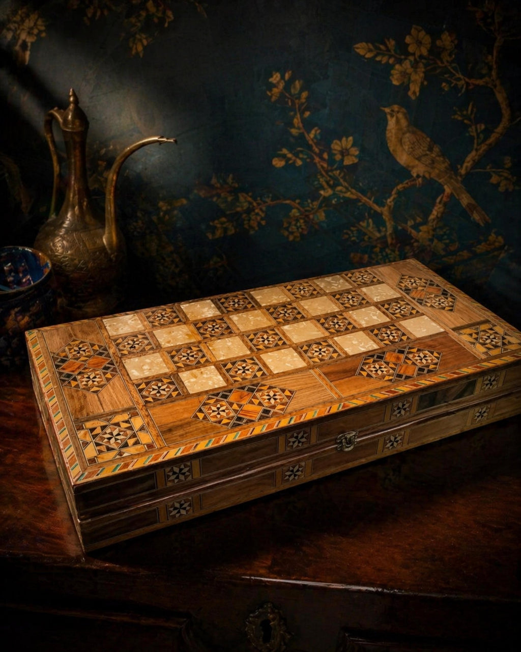 Handcrafted Marquetry Backgammon Set | Syrian Rahhaj Wood Mosaic Board - The Relic Detail