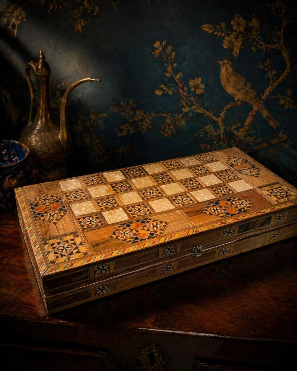 Handcrafted Marquetry Backgammon Set | Syrian Rahhaj Wood Mosaic Board - The Relic Detail