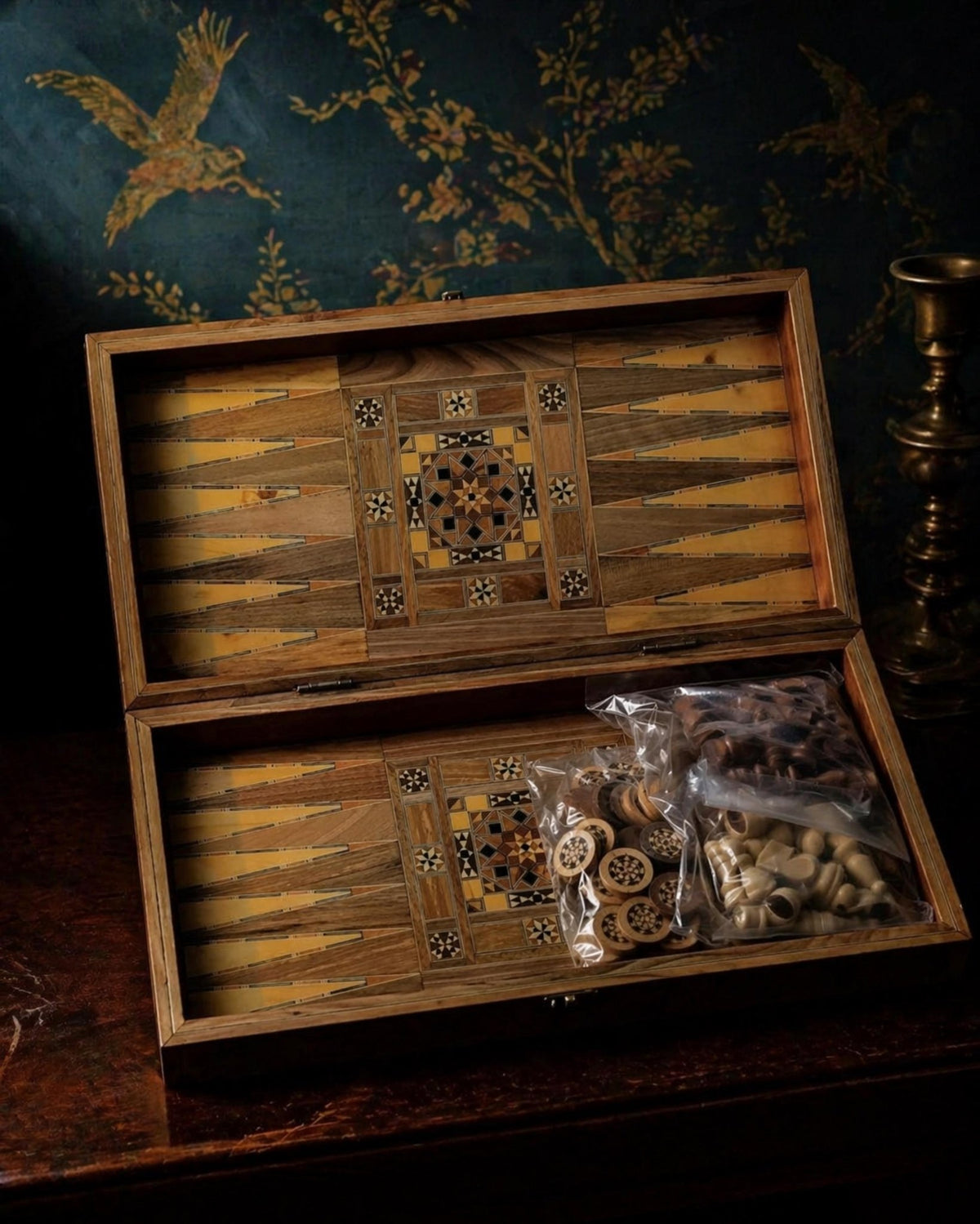 Handcrafted Marquetry Backgammon Set | Syrian Rahhaj Wood Mosaic Board - The Relic Detail