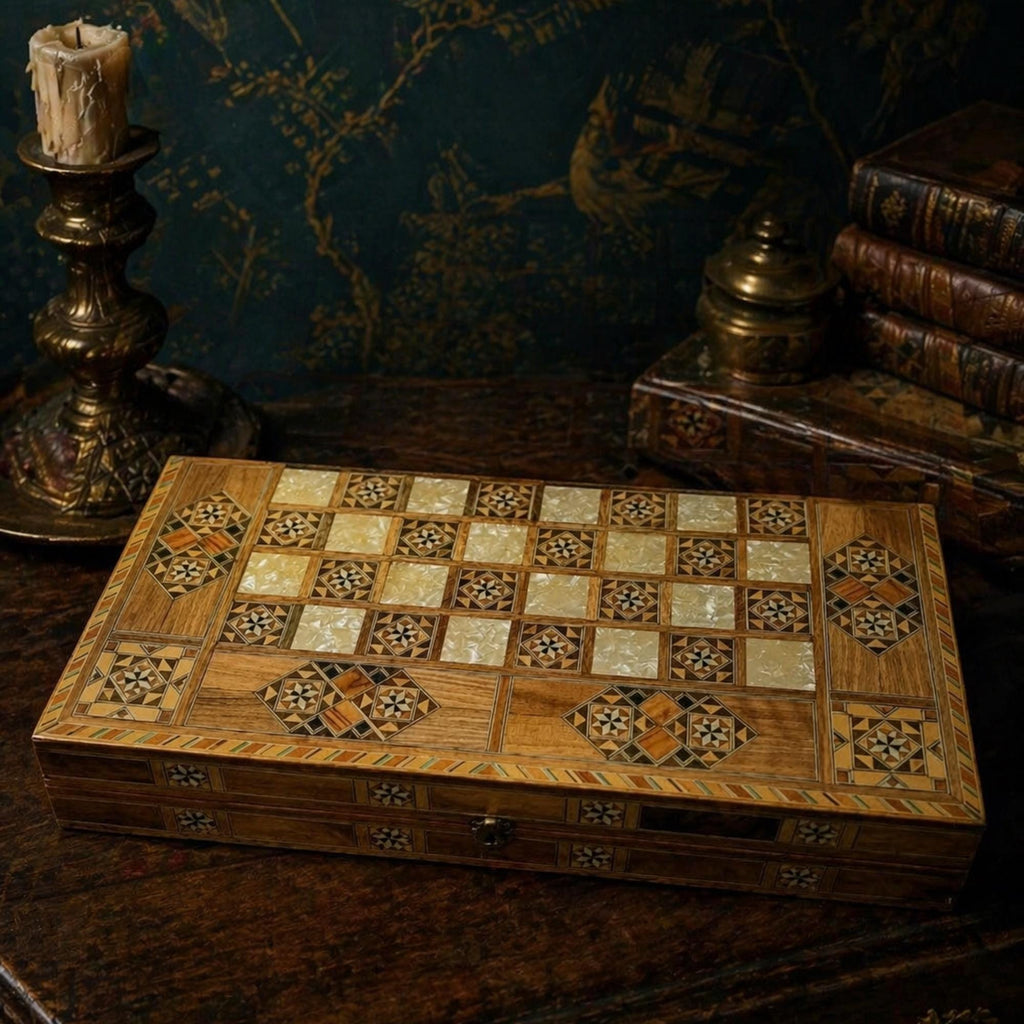 Handcrafted Marquetry Backgammon Set | Syrian Rahhaj Wood Mosaic Board - The Relic Detail