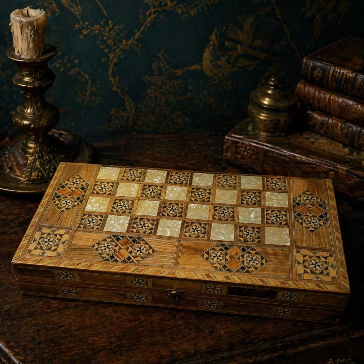 Handcrafted Marquetry Backgammon Set | Syrian Rahhaj Wood Mosaic Board - The Relic Detail