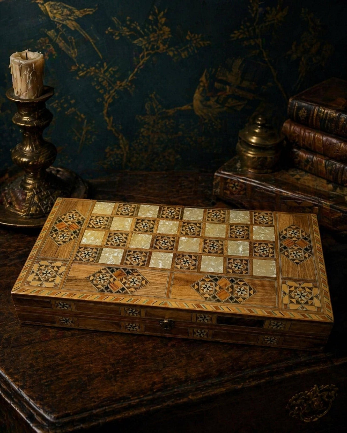 Handcrafted Marquetry Backgammon Set | Syrian Rahhaj Wood Mosaic Board - The Relic Detail