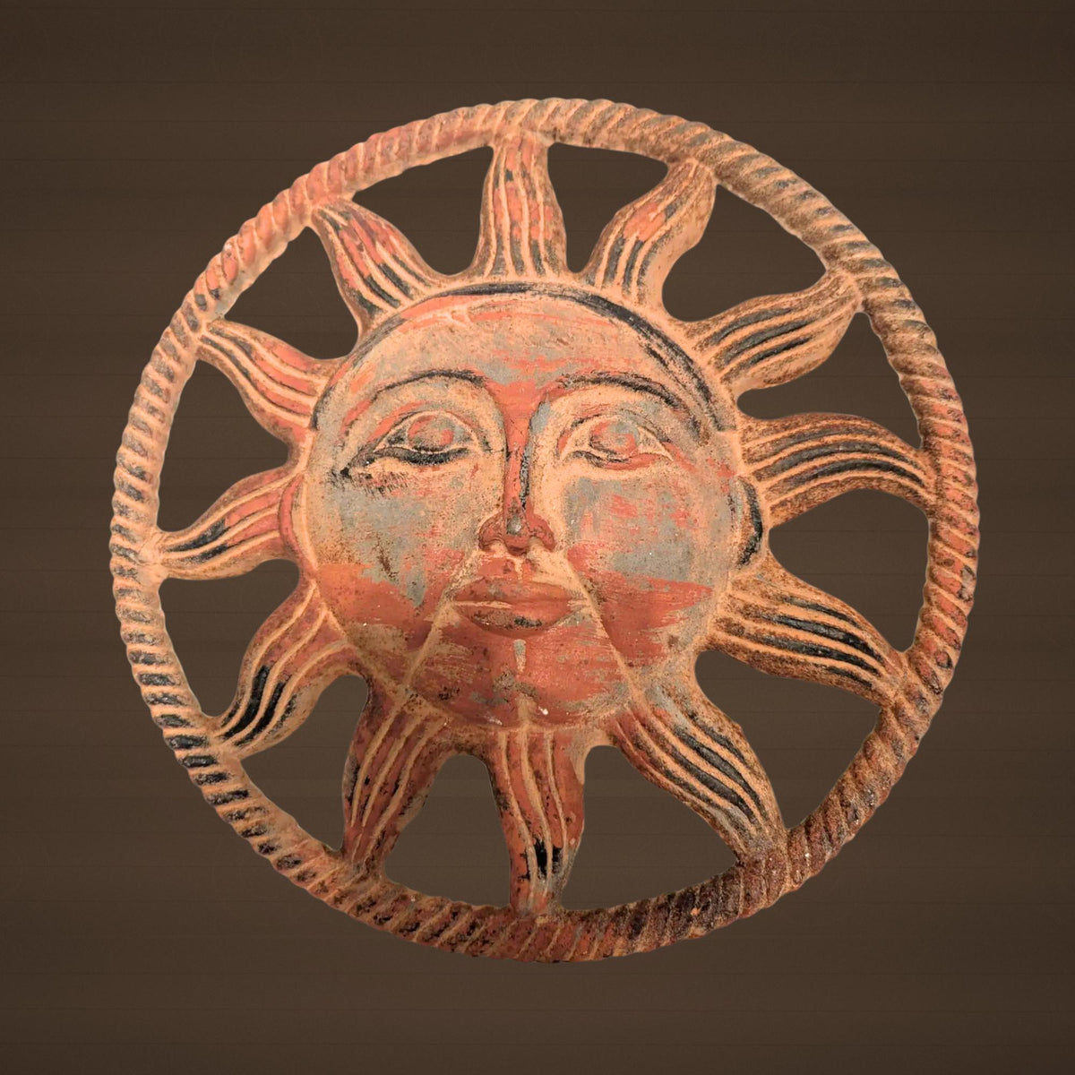 Handmade Iron Sun Wall Hanging Face Design Rustic Metal Art Outdoor Sculpture Boho Decor - The Relic Detail