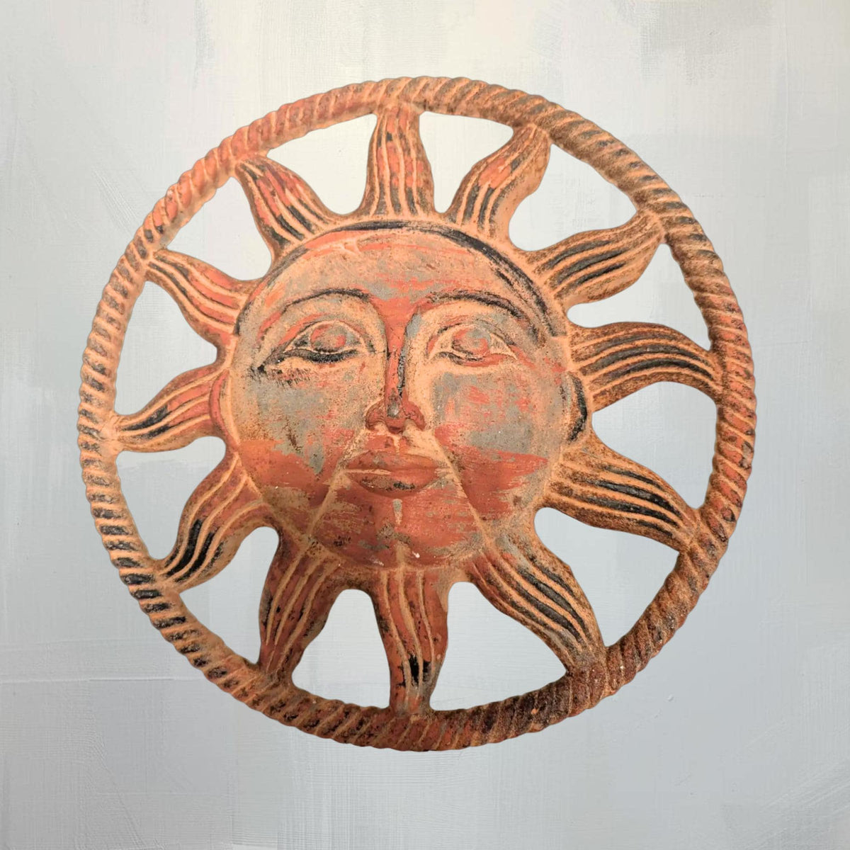 Handmade Iron Sun Wall Hanging Face Design Rustic Metal Art Outdoor Sculpture Boho Decor - The Relic Detail
