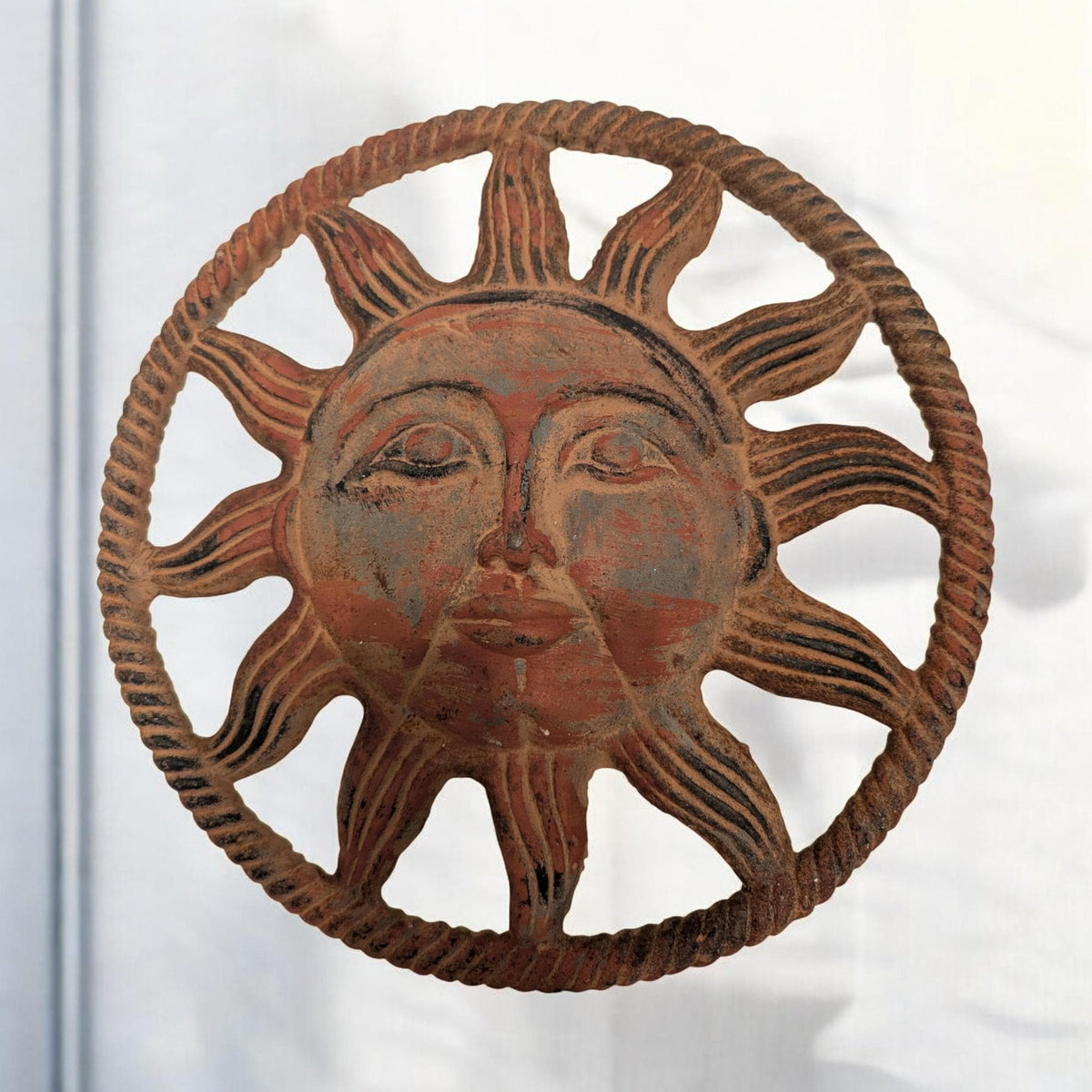 Handmade Iron Sun Wall Hanging Face Design Rustic Metal Art Outdoor Sculpture Boho Decor - The Relic Detail