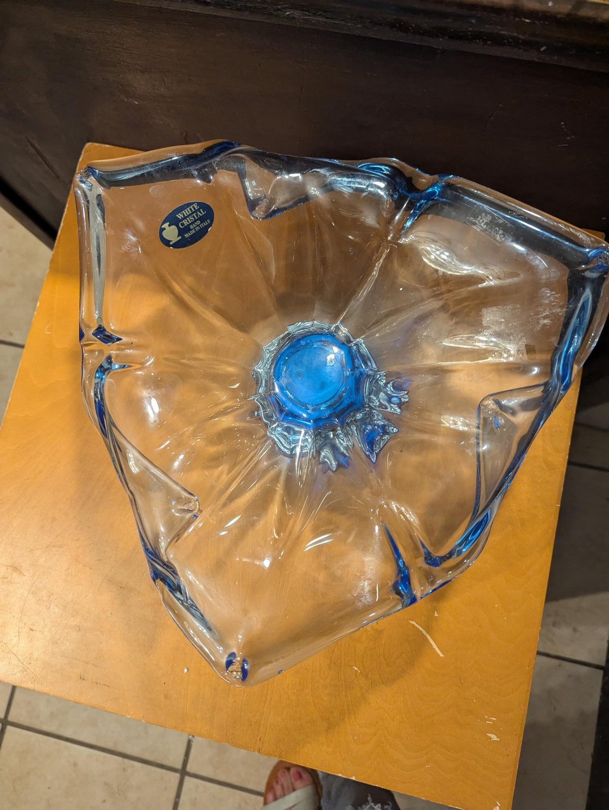 Italian White Crystal Blue Table Centerpiece Bowl Glass Decorative Handblown Art Dish - The Relic Detail