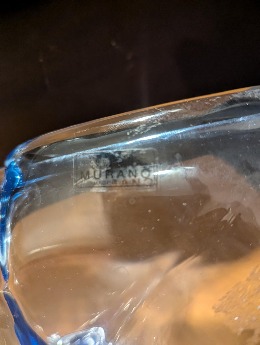 Italian White Crystal Blue Table Centerpiece Bowl Glass Decorative Handblown Art Dish - The Relic Detail