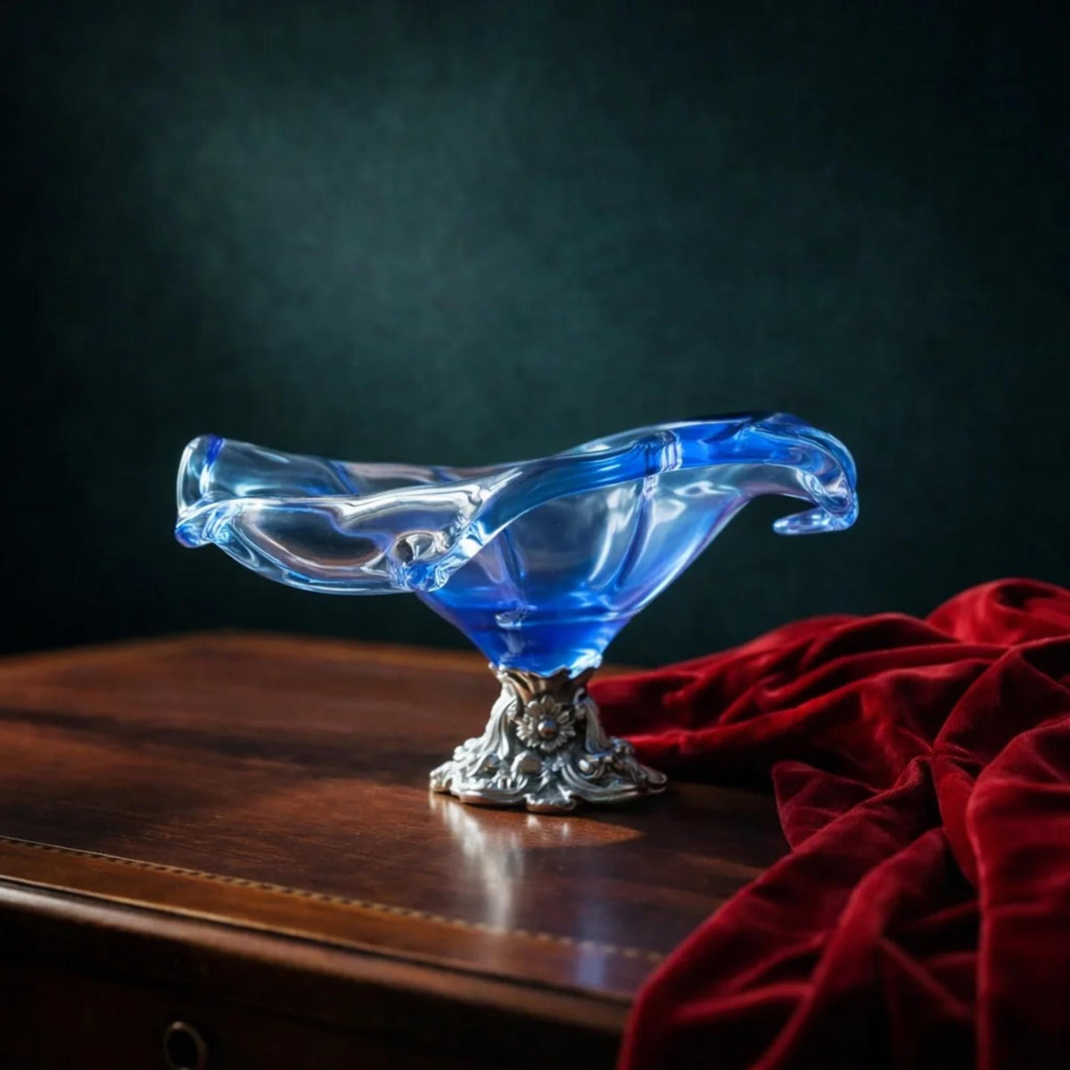 Italian White Crystal Blue Table Centerpiece Bowl Glass Decorative Handblown Art Dish - The Relic Detail
