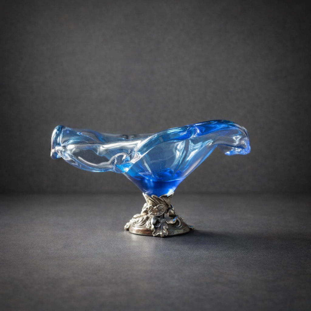 Italian White Crystal Blue Table Centerpiece Bowl Glass Decorative Handblown Art Dish - The Relic Detail