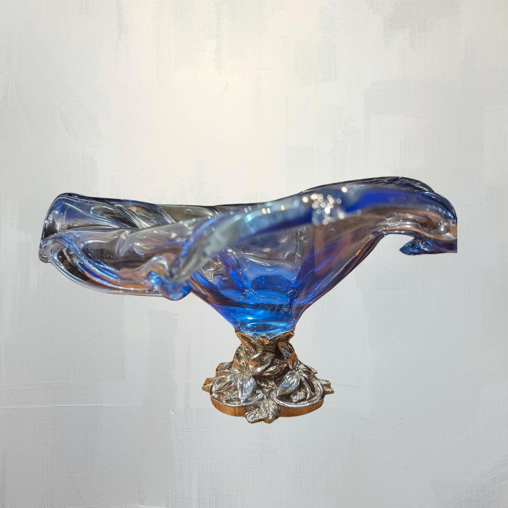 Italian White Crystal Blue Table Centerpiece Bowl Glass Decorative Handblown Art Dish - The Relic Detail