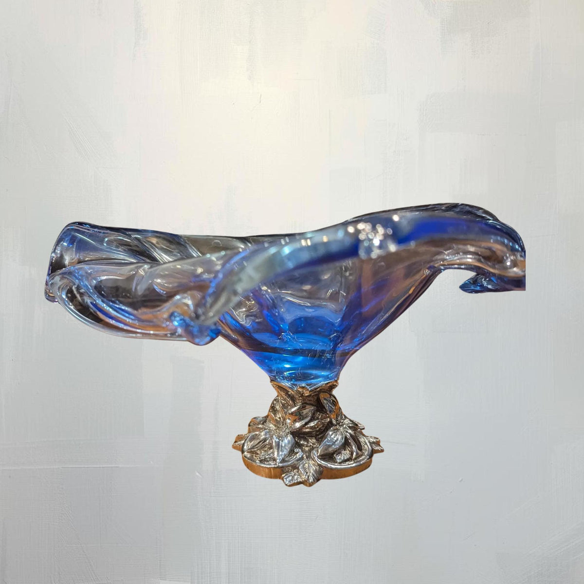 Italian White Crystal Blue Table Centerpiece Bowl Glass Decorative Handblown Art Dish - The Relic Detail