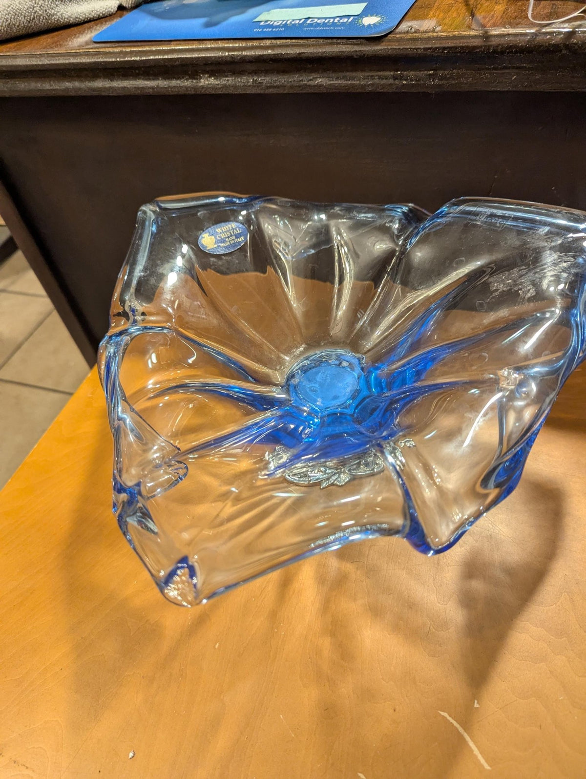 Italian White Crystal Blue Table Centerpiece Bowl Glass Decorative Handblown Art Dish - The Relic Detail