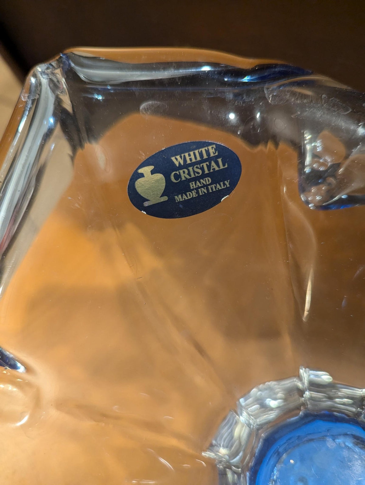 Italian White Crystal Blue Table Centerpiece Bowl Glass Decorative Handblown Art Dish - The Relic Detail