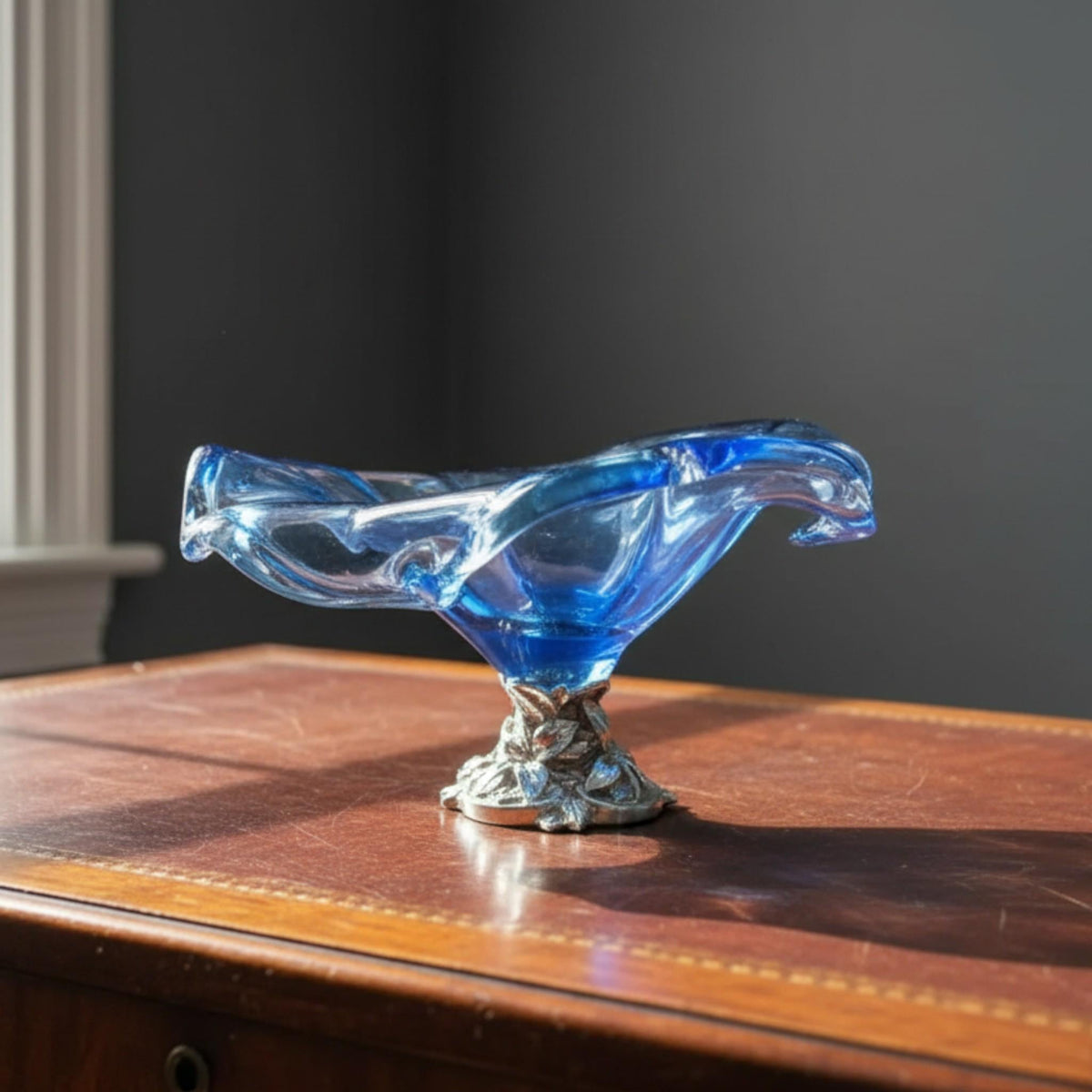 Italian White Crystal Blue Table Centerpiece Bowl Glass Decorative Handblown Art Dish - The Relic Detail