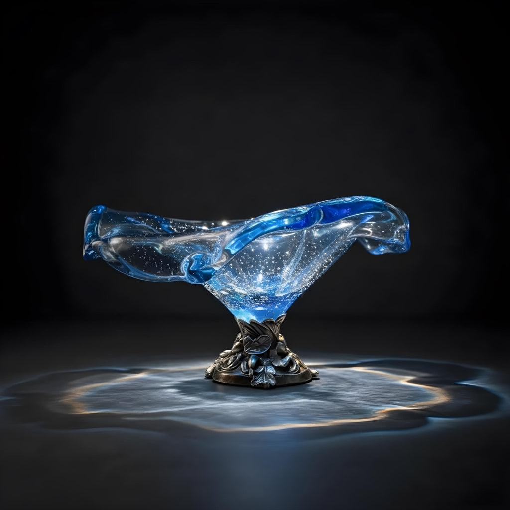Italian White Crystal Blue Table Centerpiece Bowl Glass Decorative Handblown Art Dish - The Relic Detail
